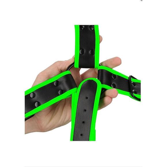 🦋B2G1🦋OUCH! Glow In The Dark NEON GREEN Bonded Leather Cross Harness | L/XL | - Picture 5 of 8